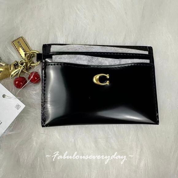 Coach Essential Card Case in Spazzolato Leather with Charm CCD81 Brass/Black NWT - Picture 2 of 6